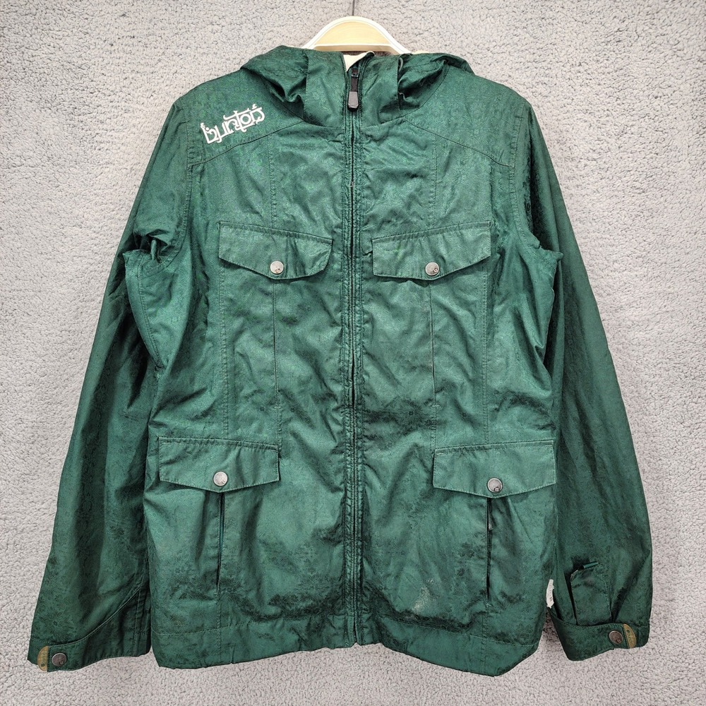 Burton Green Floral Jacquard Hooded Utility Jacket Womens Small Full Zip Pockets